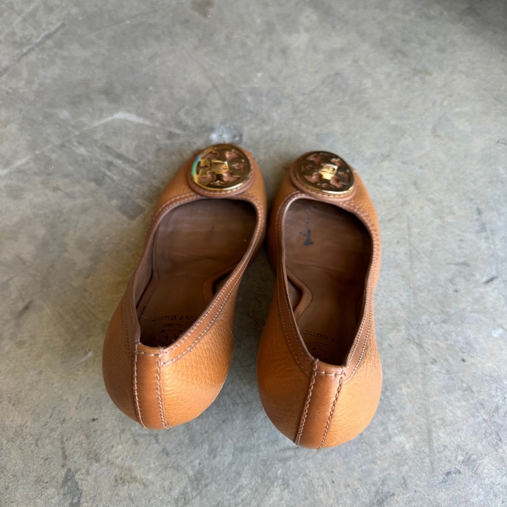 Tory Burch Sally Tan Leather Peep Toe Wedge Pumps Gold Reva Logo Size 6.5M - Picture 5 of 6